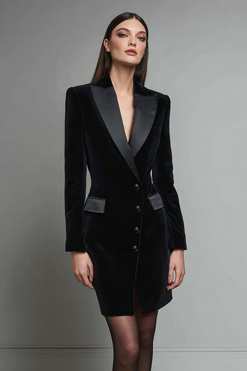 Veludo Lápis Preto Pico Lapela Vestido Blazer Curto